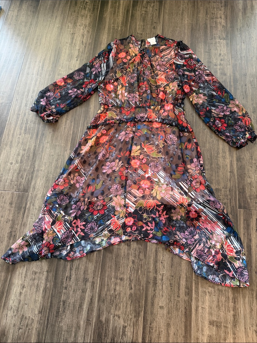 foxiedox Sheer Floral Midi Dress in Black with Pink & Red Blooms